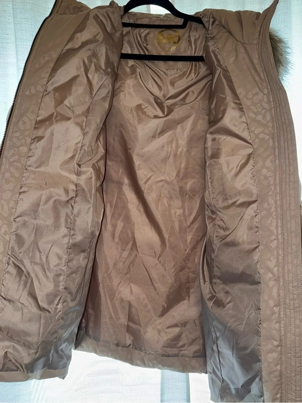Michael Kors Light Taupe Leopard-Print Puffer Coat with Faux Fur Trim